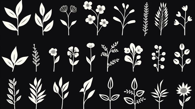 This elegant collection of handdrawn botanical elements includes various types of leaves flowers and plants in detailed