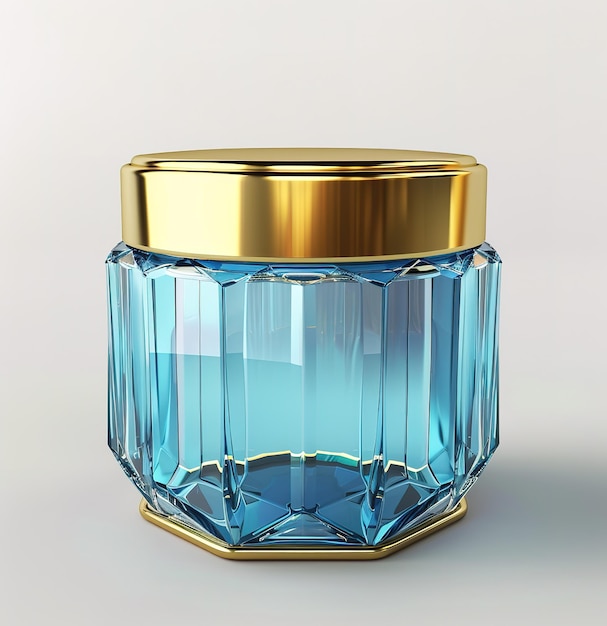 This elegant crystal clear cosmetic jar with gold lid is a luxurious container for cosmetics and skincare products that exudes design and quality