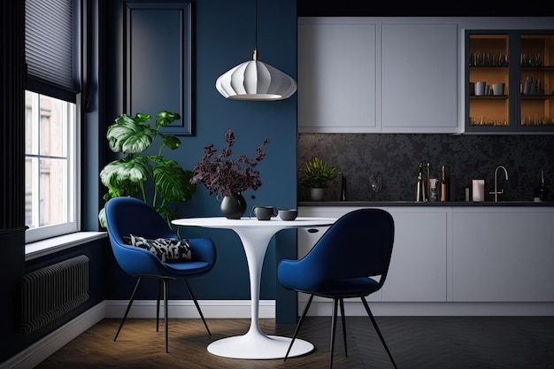このエレガントなキッチン コーナーは、深いブルーの壁が特徴で、洗練された雰囲気を醸し出しています。