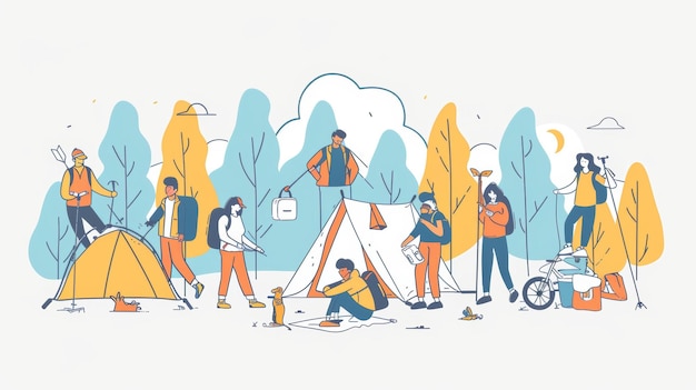 Photo this flat design style modern illustration depicts several people camping and tracking