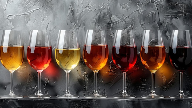 In this flat lay shot multiple types of dry white wine are displayed on a grey concrete background with deep shadows