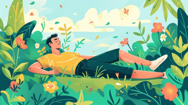 In this flat modern illustration of a character the character is relaxing in nature dreaming sleeping alone This is a peaceful serene summer landscape with a man reposing resting Relaxation