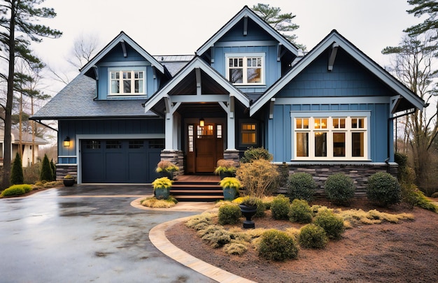 this front view of a new home shows blue doors and a garage