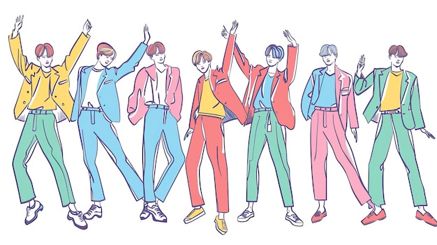 In this hand drawn style modern design illustration the k pop boy group poses differently