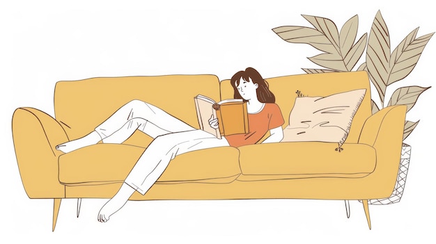 이 손으로 그린 스타일의 현대적인 일러스트레이션에서 책을 읽는 여자가 소파에 편안하게 누워서 읽기에서 휴식을 취합니다.