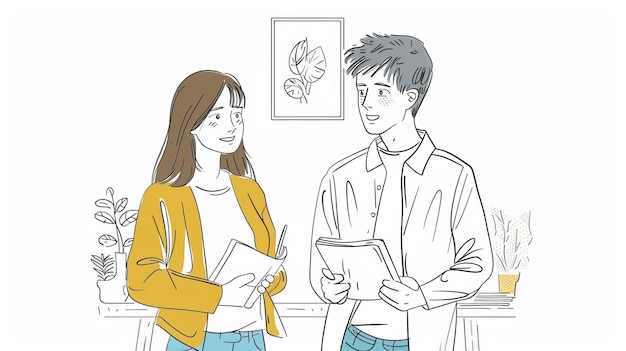 この手描きの現代的なデザインのイラストでは,男性と女性が会社での仕事について議論しています.