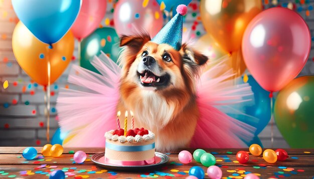 In this heartwarming scene a dog brims with joy decked in a tutu and party hat amidst colorful