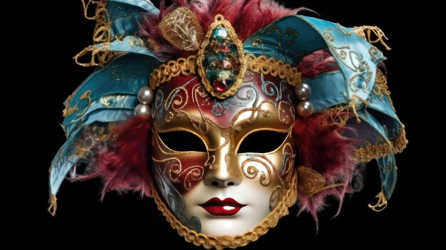 Foto questa immagine ad alta risoluzione mostra una lussuosa maschera veneziana adornata da piume vibranti perle e accenti dorati che incarnano lo spirito dei tradizionali balli in maschera