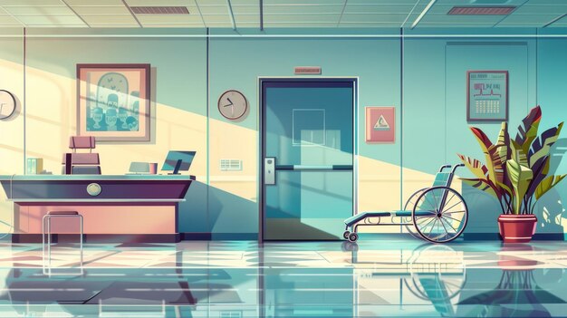 In this hospital hallway gurney and tables are positioned around a reception desk wheelchairs chairs chairs and a reception counter This modern illustration portrays furniture for medical