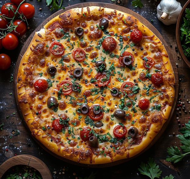 Эта огромная пицца с оливками и помидорами деревянная столовая фотография генеративный ИИ