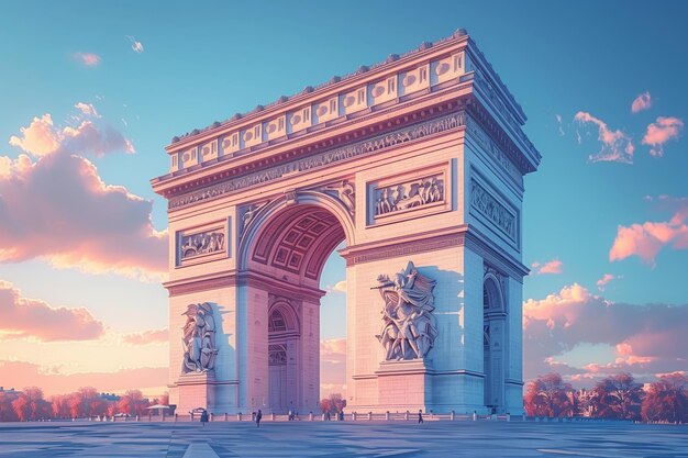 This illustration captures the Arc de Triomphe as twilight paints the Parisian sky in soft colors AI