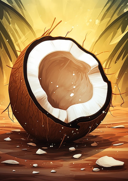 Photo this illustration depicts a coconut sitting on the ground with its skin removed. the coconut is surrounded by various riotous animals, including a horse, comics, and math. this teaser image is cropped