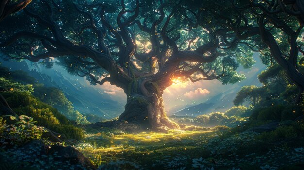 This illustration depicts The Magical Tree in The Magnificent and Mysterious and Scary Forest It is a realistic cartoon style background design