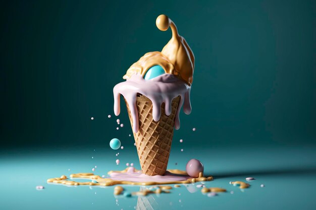 このイラストは様々な鮮やかな色で溶けるアイスクリームコーンを描いており美味しく滴る効果を生み出しています 遊び心と気まぐれなデザイン生成AI技術