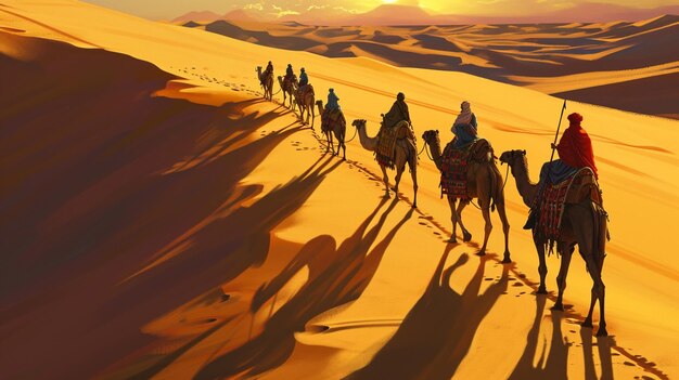 In this illustration Egyptians on camel back traverse golden sands in the heart Generative Ai