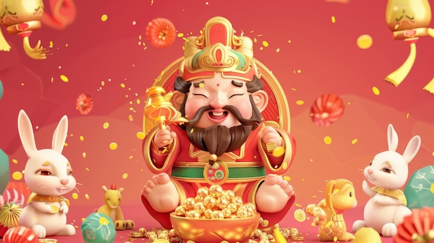 Photo in this illustration god of wealth sits on a gold ingot with festive decorations around and cute rabbits by his side textgod of wealth spreading good luck fortune