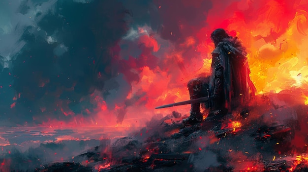 This illustration painting features a knight sitting on the fire with a magic sword