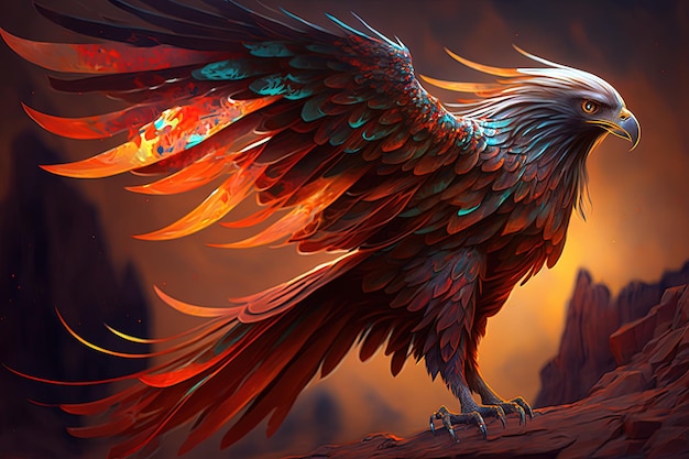 In this illustration the phoenix scatters fiery light with its feathers Red gold and orange feathers harmonize perfectly with each other on a fiery background 8 art Fantasy concept AI