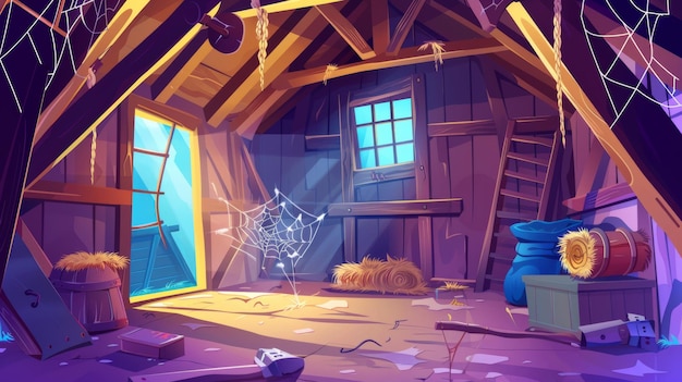 This illustration shows an abandoned barn with broken furniture spider web and a damaged floor This illustration also shows haystacks sacks a fork and an open gate