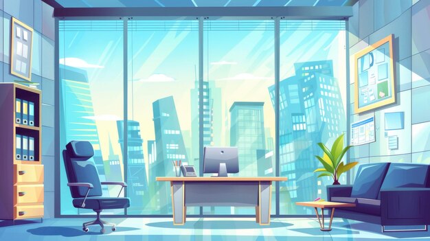 In this illustration there is a large window in the bank office a computer at the desk a chair and a couch for clients a cash desk behind a glass wall and folders on the shelf