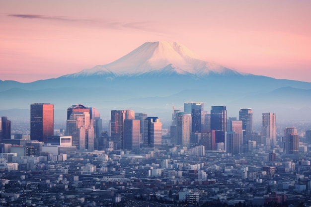 Photo this image captures the breathtaking sight of a city skyline with a magnificent mountain towering in the distance tokyo shinjuku building and mt fuji in the background ai generated