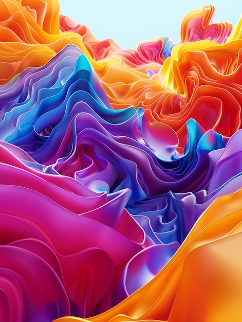 写真 この画像は暖かいオレンジから涼しい紫に変化するデジタル風景の滑らかな絹のような折りたたみを捉えています