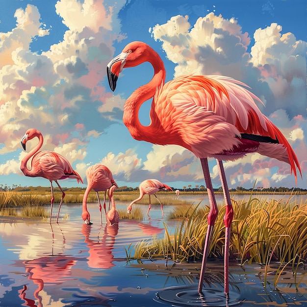 Photo this image depicts a serene and vibrant scene of flamingos in a wetland environment