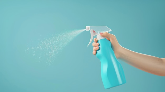 Photo this image depicts a woman grasping a spray bottle of liquid and spraying it the realistic element is isolated on a light blue background suitable for cleaning the house or removing bad smells