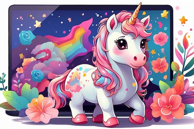 This image features a cute and colorful sticker of a unicorn which was created using generative AI technology