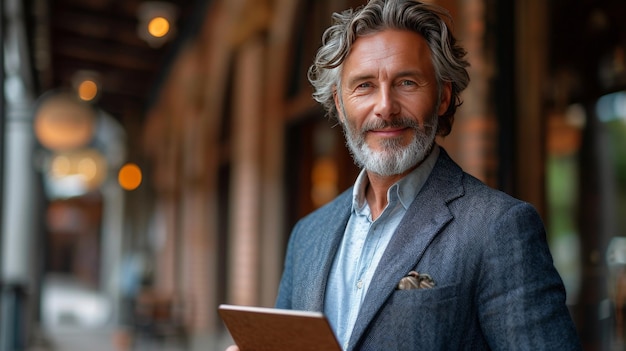 In this image a happy middleaged businessman wearing a suit and holding an iPad stands outside his office looking away from the screen pondering about new business ideas