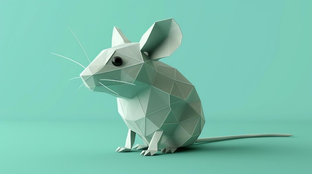 この画像は白いマウスの3Dレンダリングですマウスは淡い青い背景の上に座っておりオリガミに似た面状の平面で構成されています