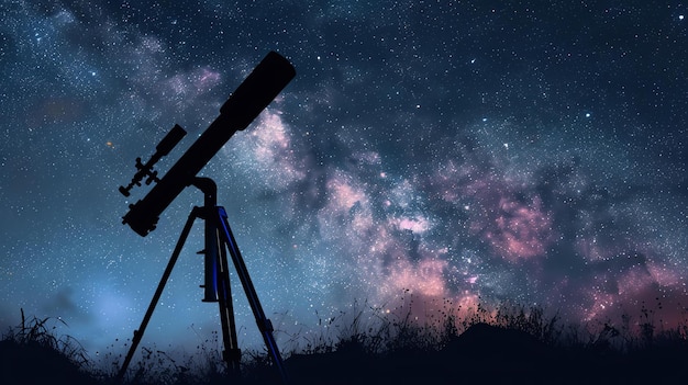 This image is a beautiful landscape of a starry night sky The telescope is in the center of the image and is surrounded by tall grass