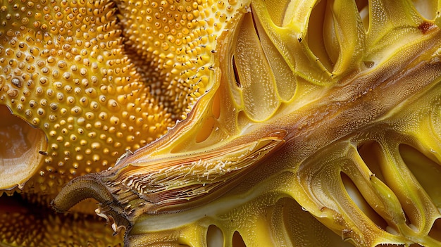 Photo this image is a closeup of the inside of a jackfruit the segments of the fruit are visible as well as the seeds