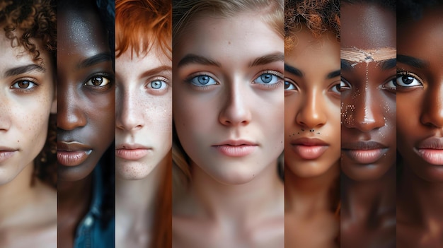 На этом изображении изображены пять красивых женщин разных этнических групп. Все женщины смотрят в камеру с серьезными выражениями лица.