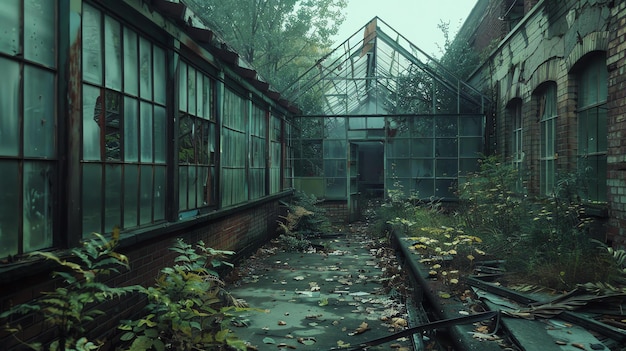 Фото Это изображение интерьера заброшенной теплицы. стеклянные стены и крыша сломаны, а интерьер зарос растениями.