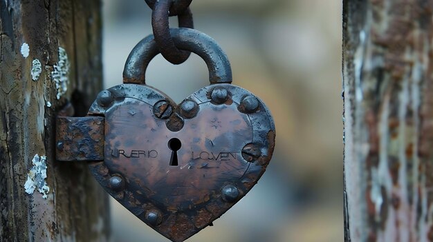 Photo this image is of a rusty heartshaped padlock the padlock is attached to a chainand the hasp is engraved with the words forever love