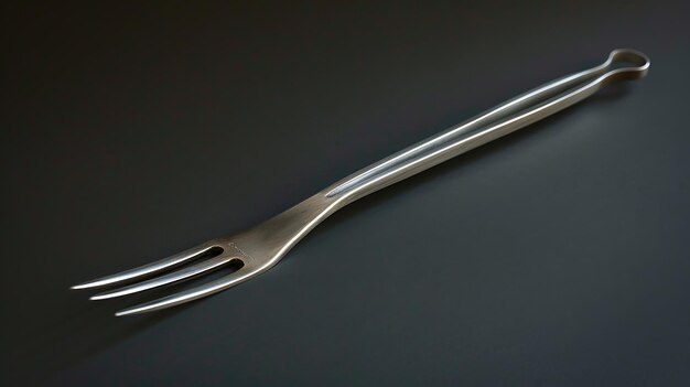 This image is of a stainless steel fork with a long handle and three tines The handle has a hole at the end for hanging