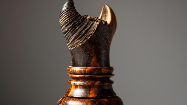 This image is of a wooden chess piece It is a closeup of the knight which is intricately carved with a unique hornlike design