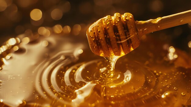 This image is of a wooden dipper covered in honey The honey is thick and golden and it is dripping off the dipper in a slow stream