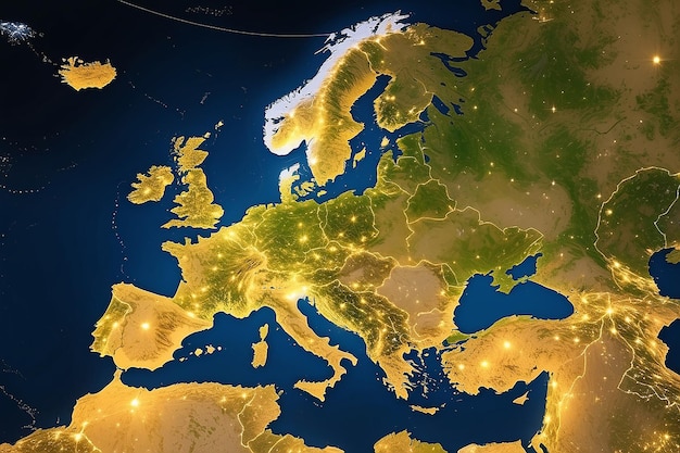Фото Это изображение европейских городских огней было создано с помощью данных от оборонной метеорологической спутниковой программы