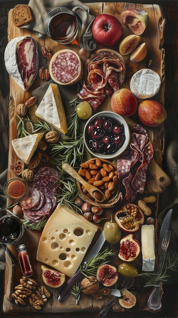 This image showcases an artisan selection of fine cheeses and meats complemented by fruits and nuts Ideal for connoisseurs the setting evokes a sense of traditional craft and gourmet tastes