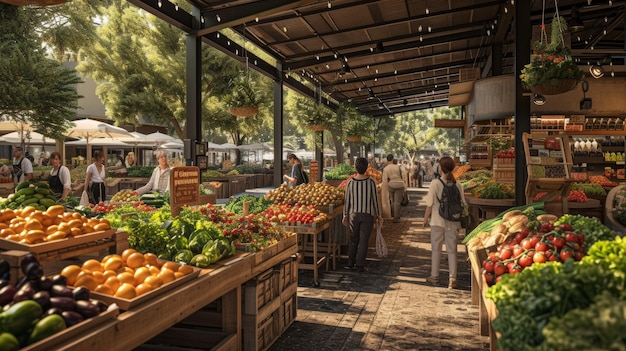 This image showcases a bustling outdoor market under a pergola where vendors and shoppers engage amidst a fresh locallysourced selection of produce