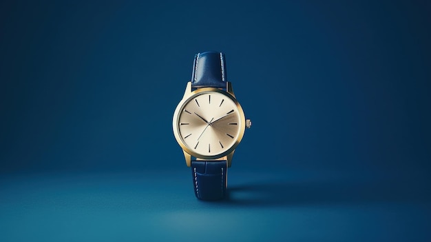 This image showcases an elegant gold and blue wristwatch poised on a deep blue background