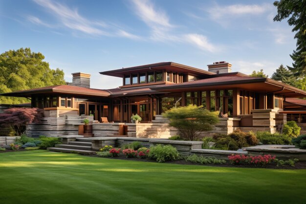 This image showcases a grand house with a generous front lawn A Frank Lloyd Wrightinspired prairie house AI Generated