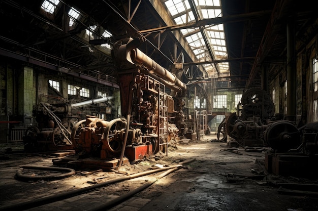 この画像は、膨大な数の機械が見えるアンティーク工場の内部を示しています AI が生成した、遺棄された機械で埋め尽くされた放棄された工場跡地