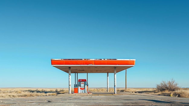 This image shows an abandoned gas station in the middle of a vast desert landscape