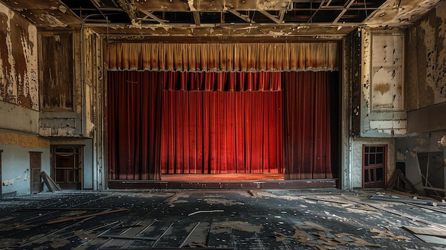 This image shows an abandoned theater stage with red curtains The theater is in disrepair with the walls and ceiling damaged