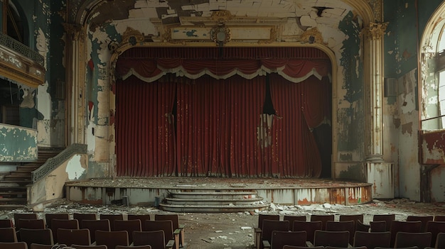 This image shows an abandoned theater with a red curtain on the stage The theater is in disrepair with broken seats and peeling paint