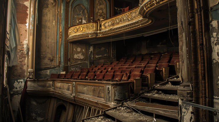 Photo this image shows an abandoned theater with red velvet seats and ornate golden decorations