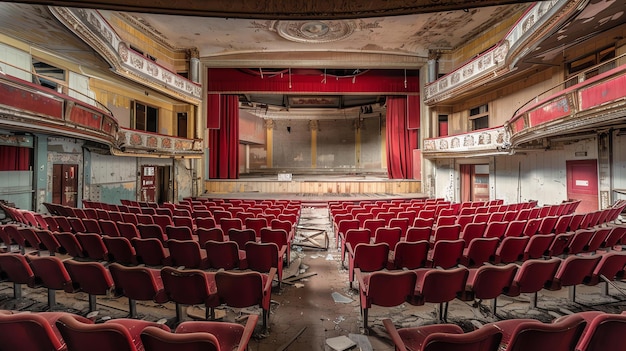 Foto questa immagine mostra un teatro abbandonato con sedili di velluto rosso e un palco con una tenda rossa